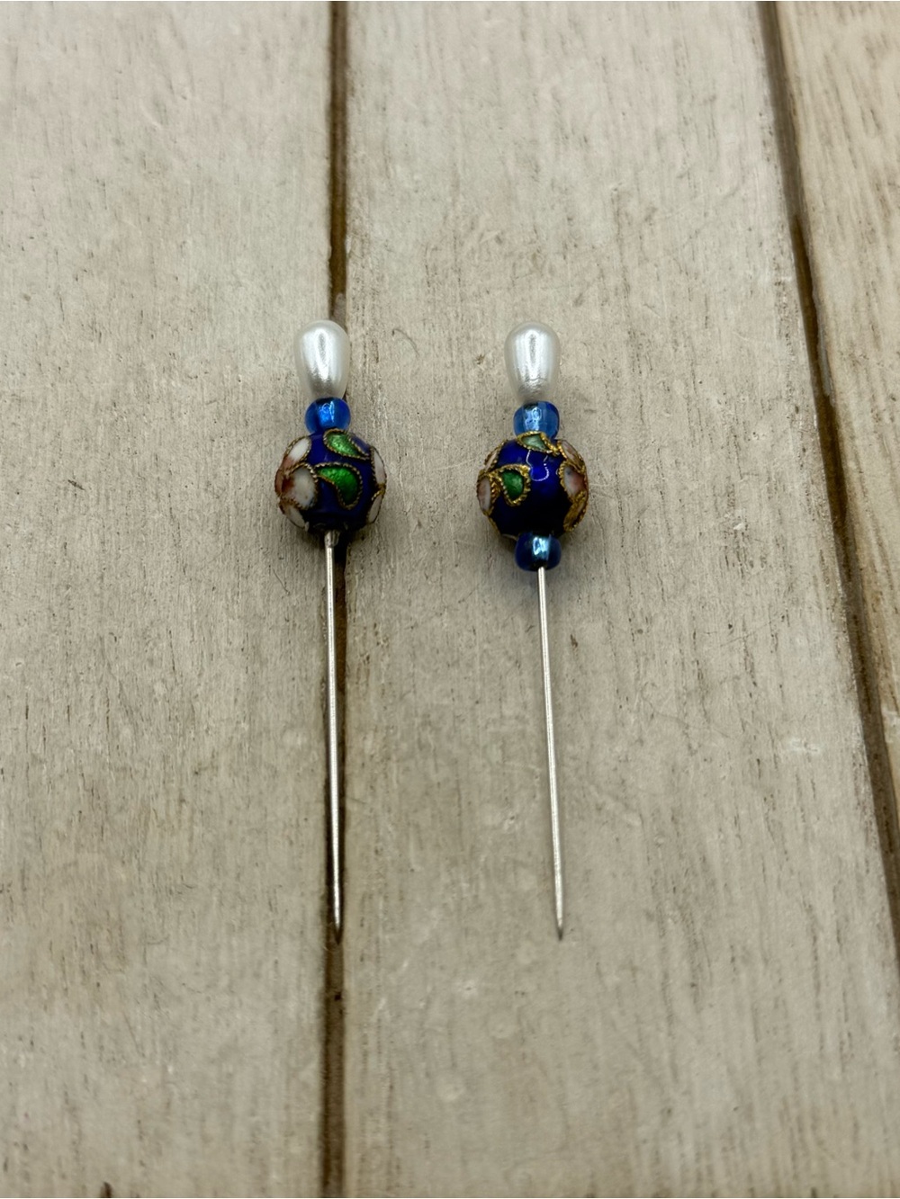 Cloisonné Floral Stick Pins in Blue and Green (Set of 2)